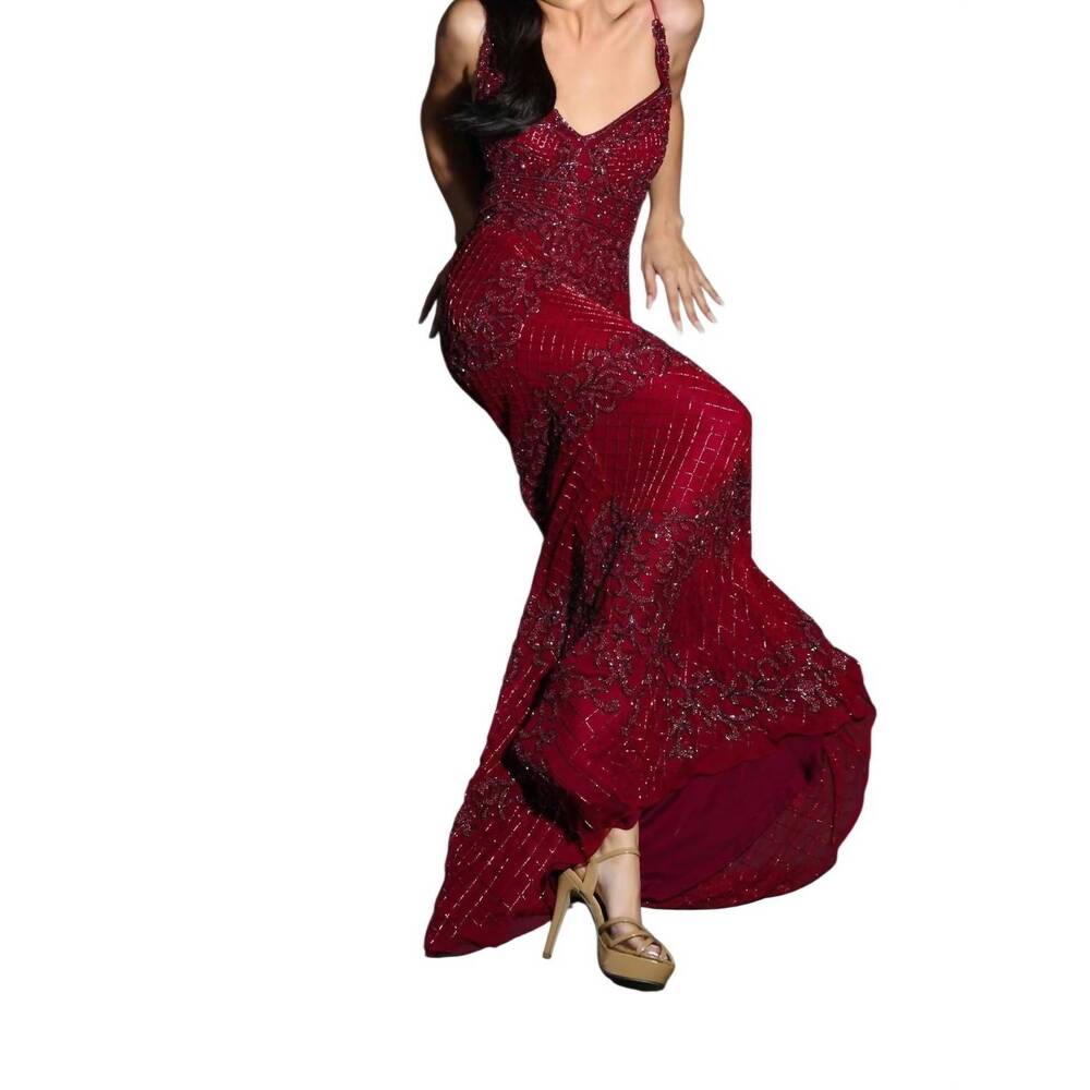 NEW JASZ COUTURE vibrant lacework sheath dress in burgundy/gunmet